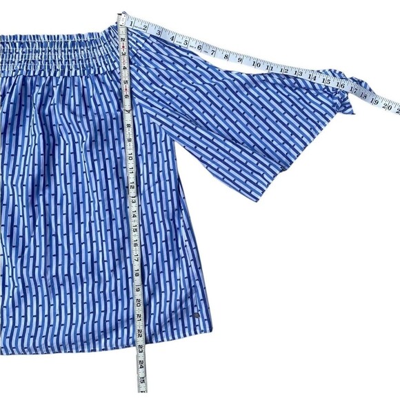 Chic Bardot Blouse Blue White Stripe Off Shoulder Smocked Tie Sleeve Top S - Picture 12 of 16